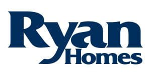 A blue and white logo of ryan homes