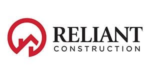 A red and black logo for reliance construction.